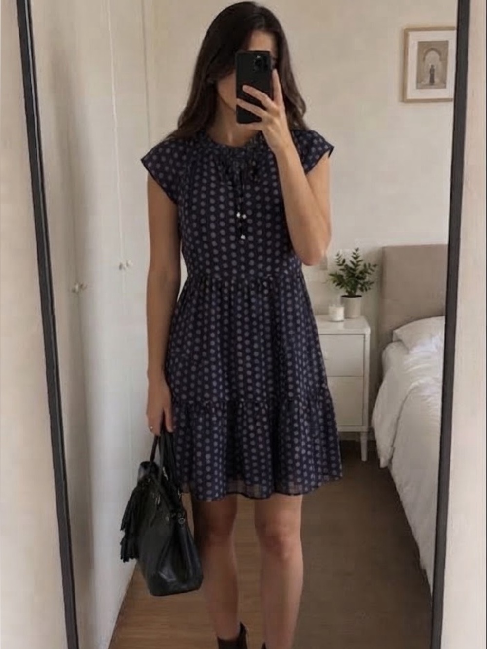 Tommy Hilfiger Navy Pink Ditsy Floral Tiered Dress Ruffle Tie Neck Size 10